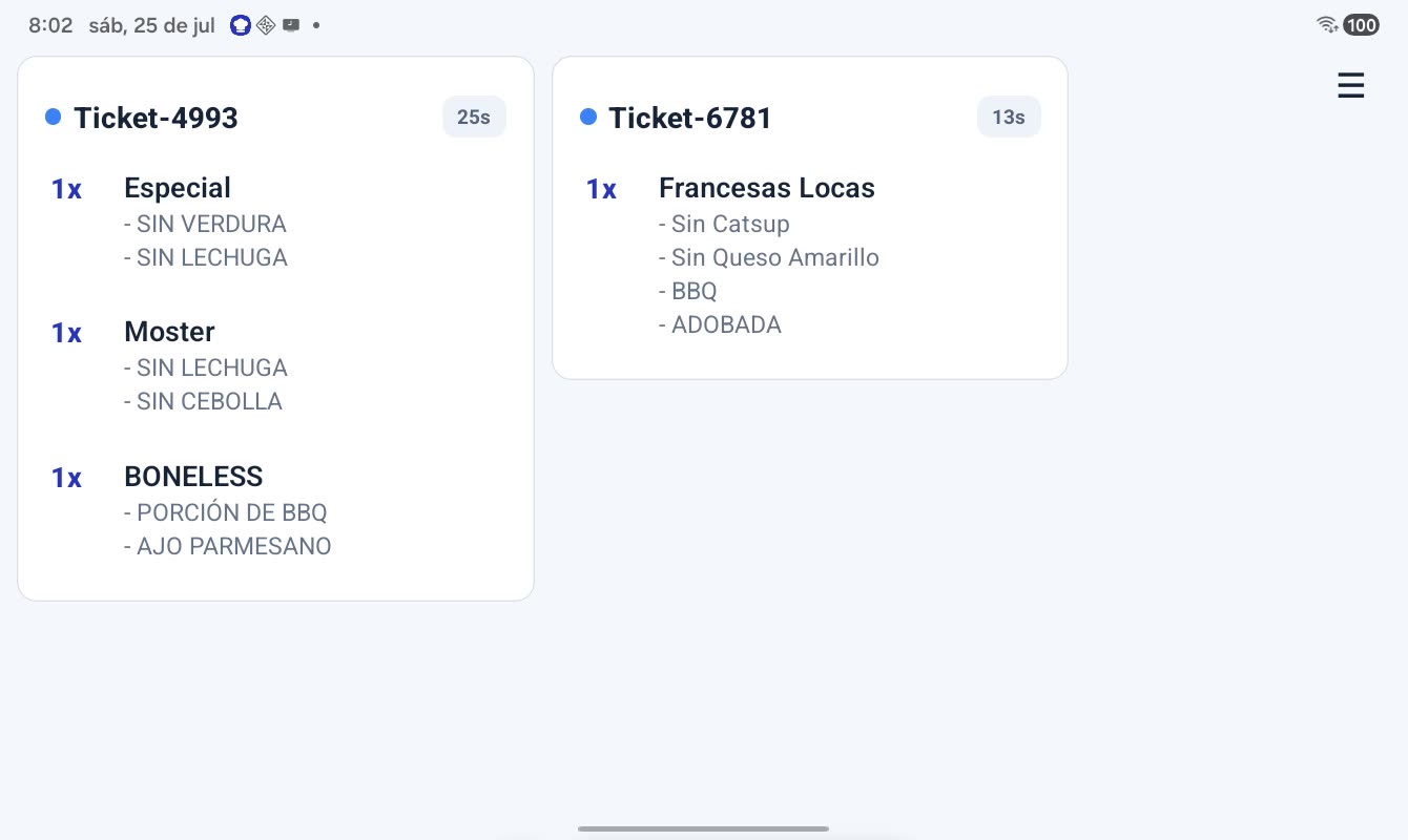 Nexo KDS: comandas con modificadores y tiempo por ticket